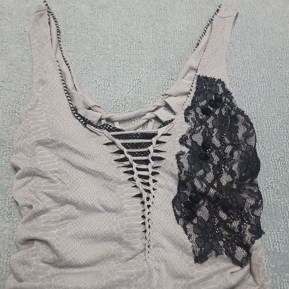 Kimikal Ruched Mini Dress Womens L Grey with Black Lace Stretch - Picture 2 of 9
